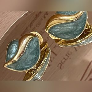 Vintage gold and marbled green enamel clip on earrings